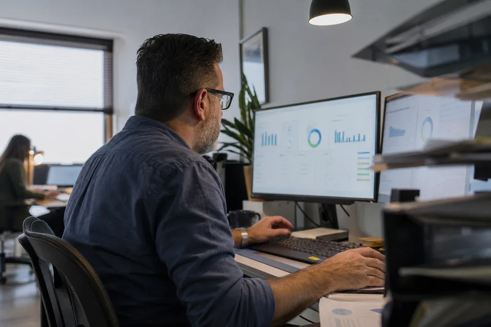 Billing operations manager comparing software dashboards on two monitors