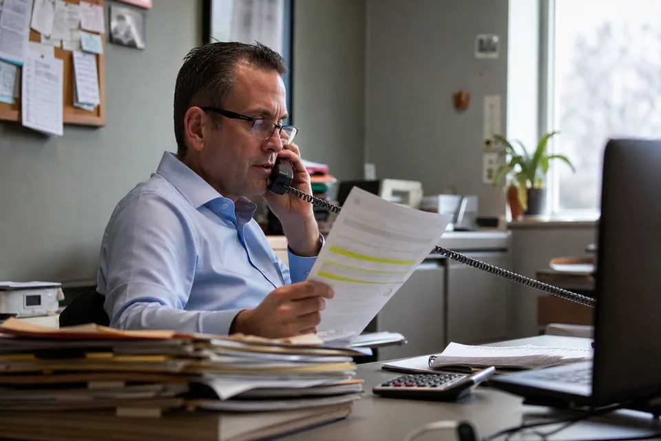 Collections specialist on the phone reviewing a printed overdue invoice