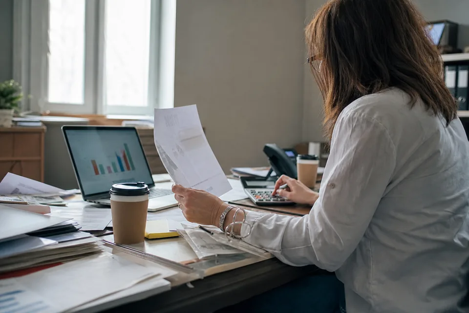 Finance lead checking a vendor invoice against a recovery report at her desk
