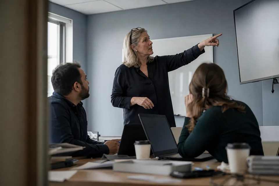 CFO presenting a falling bar chart of churned revenue to her team